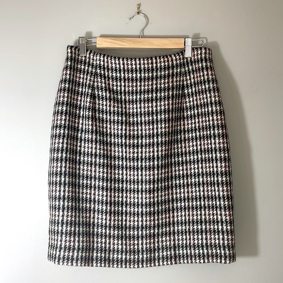 VTG 90s Simon Chang Designer 100% Wool Houndstooth Knee Length Skirt M/L - Picture 10 of 13